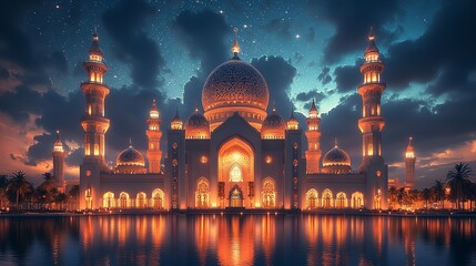 Fototapeta premium Majestic mosque at twilight: A serene reflection on water captures the architectural grandeur under a starlit, clouded night sky.
