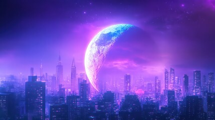 A Glowing Crescent Moon Dominates Over A City Skyline