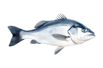 Obraz premium Silver sea bass fish isolated on white transparent background, showcasing its shiny scales and natural texture.