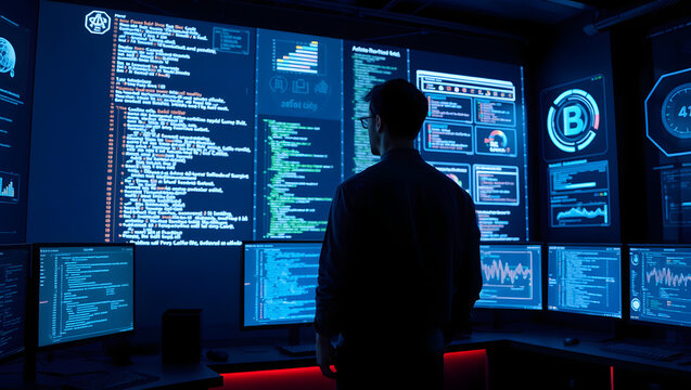 a man standing and carefully monitoring multiple computer screens filled with complex data, a modern control room environment