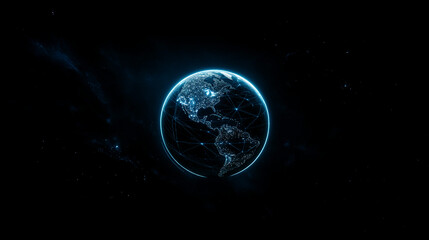 Obraz premium A glowing digital map of the world on a 3D globe, illuminated by interconnected lines and points, symbolizing global connectivity, data exchange, and the future of technology in cyberspace.