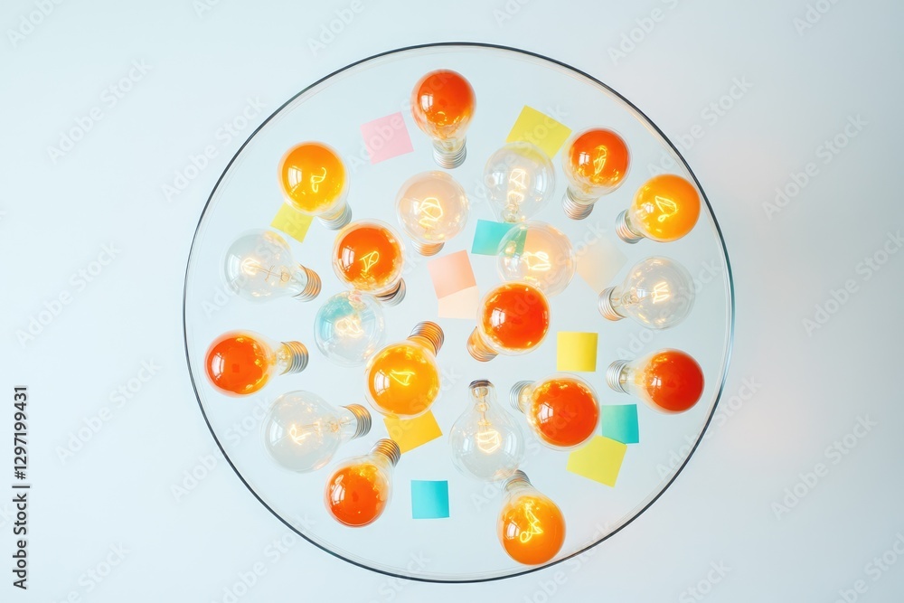 Poster many illuminated lightbulbs on a glass table surrounded by colorful sticky notes symbolize creative 