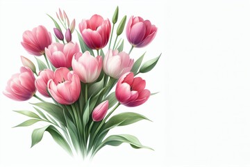 Fototapeta premium Ein zartes Aquarellgemälde mit rosa Tulpen auf hellem Hintergrund und viel Platz für Text – ideal als Grußkarte zum Frauentag oder Muttertag. Generative KI