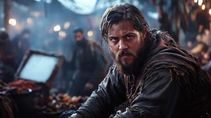 Obraz premium A rugged character with unkempt hair and a fierce expression sits in a busy market, surrounded by muted tones and textures, conveying the essence of survival and resilience.