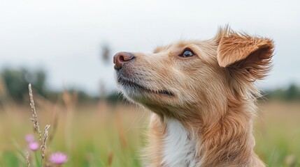 Obraz premium Alert golden brown dog looking up attentively while standing outdoors in a meadow during daytime.