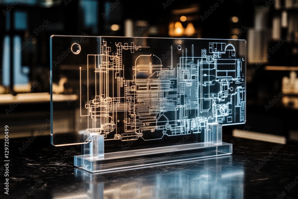 Aufkleber a transparent acrylic display showcasing an intricate etched blueprint of a complex mechanism.