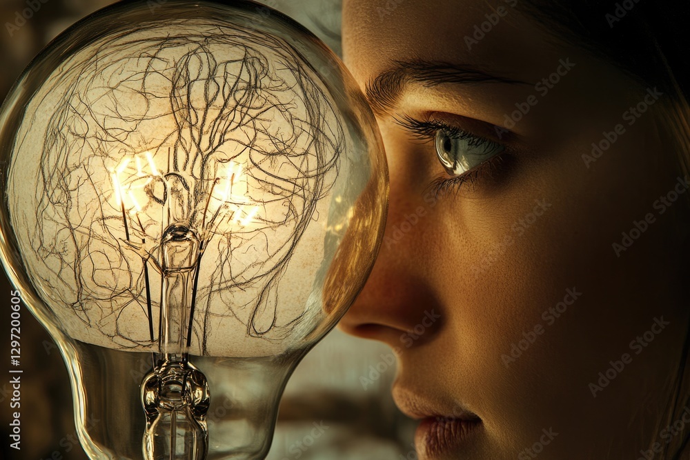 Aufkleber a woman's face is partially obscured by a glowing lightbulb with intricate internal wiring, creating