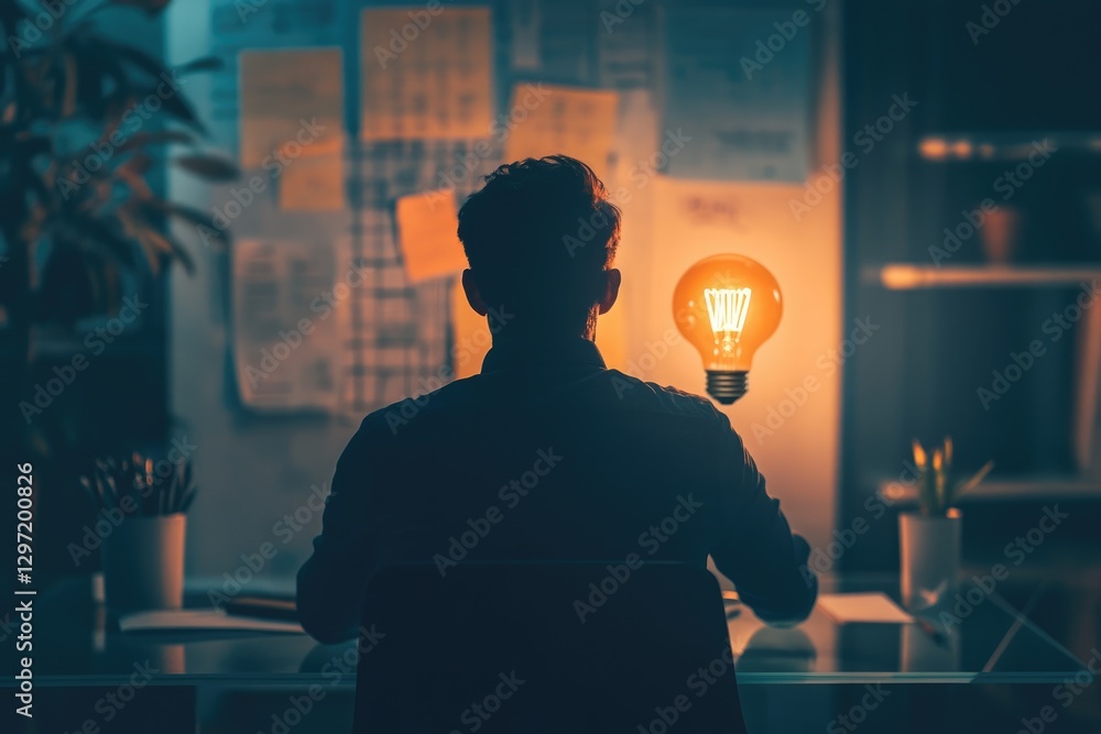Poster a person sits at a desk in a dimly lit room, illuminated by a bright lightbulb, seemingly contemplat
