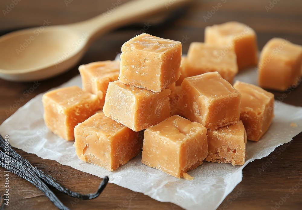 Poster soft and creamy caramel fudge blocks positioned on parchment with vanilla pods on rustic wooden tabl