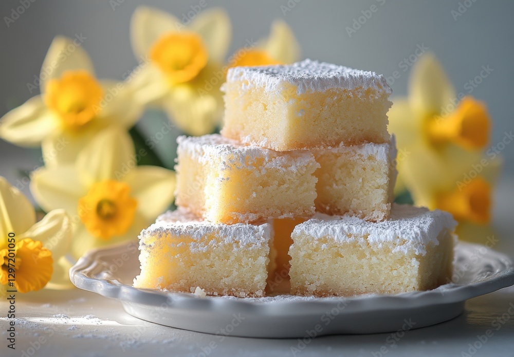Poster Soft and Fluffy Lemon Squares Topped with Powdered Sugar Surrounded by Bright Yellow Daffodils in Natural Light Setting
