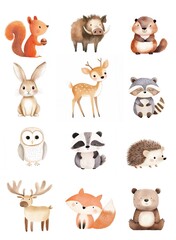 Woodland watercolor animals illustration set