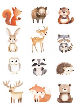 Woodland watercolor animals illustration set