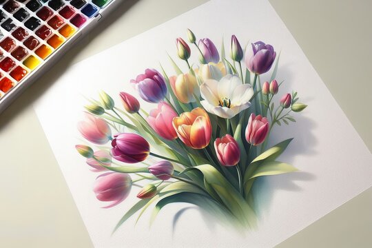 Ein wundersch&ouml;nes Aquarellgem&auml;lde bunter Tulpen auf einem Zeichenblock, begleitet von einer Farbpalette &ndash; ein kreatives und inspirierendes Kunstmotiv. Generative KI