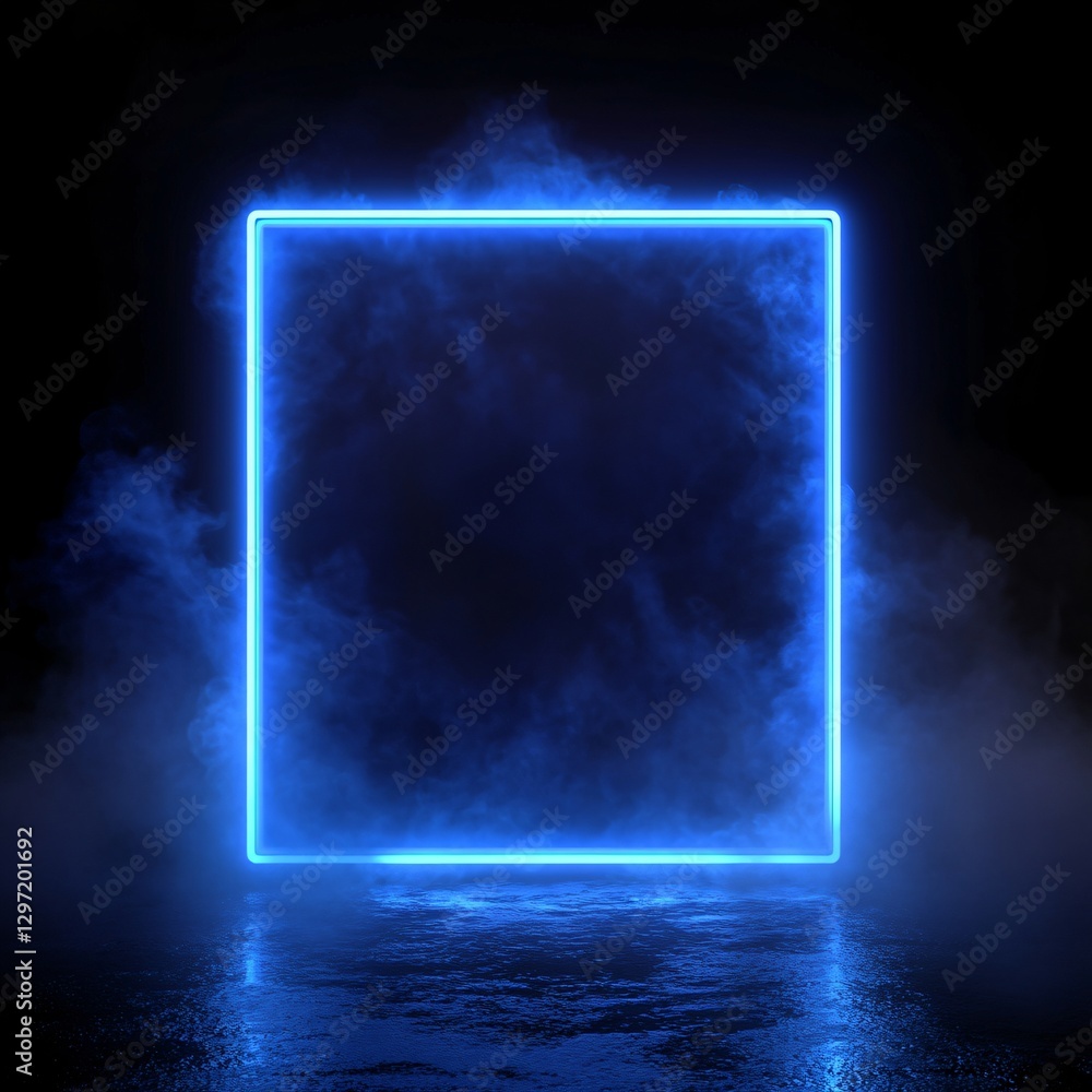Poster glowing blue neon square frame on dark background with smoke. futuristic portal effect. mysterious s