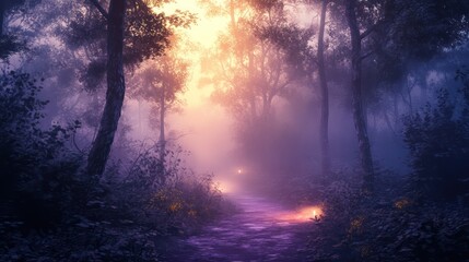 A mysterious forest path with a soft glow on a misty day