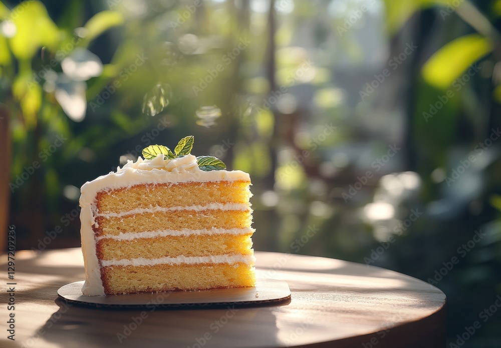 Poster tempting slice of layered vanilla cake with cream frosting and fresh mint garnish placed on wooden t