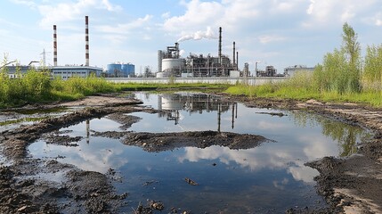Obraz premium Industrial pollution reflecting in water, factory emissions and polluted river creating environmental crisis, environment protection concept