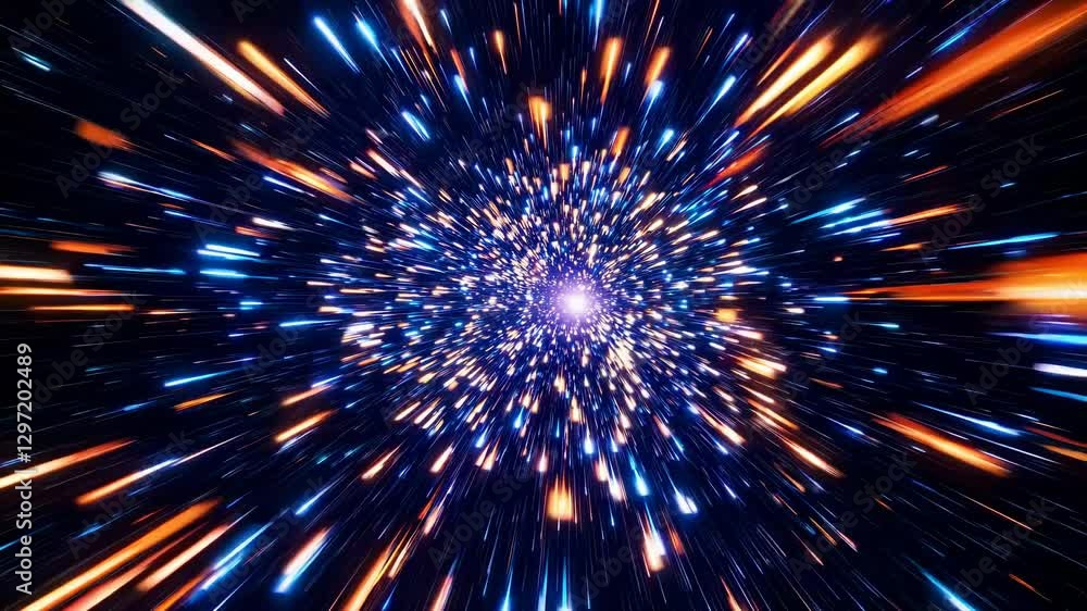 Poster Dynamic video of glowing particles in deep space, captured from a first-person perspective, creating a warp-speed visual effect.