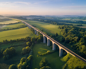 Obraz premium Aerial view of a long, elevated viaduct bridge crossing through a lush green landscape with rolling hills, symbolizing transportation infrastructure and scenic countryside beauty.