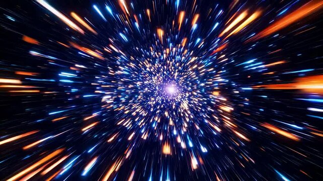 Dynamic video of glowing particles in deep space, captured from a first-person perspective, creating a warp-speed visual effect.
