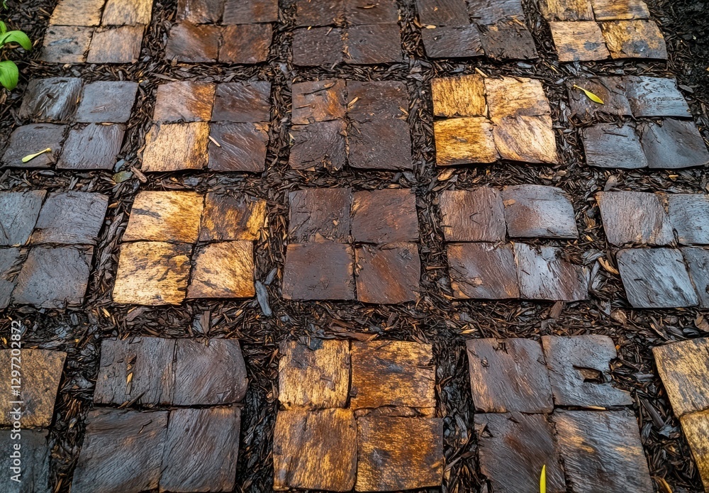 Poster textured wooden tiles arranged neatly on dark mulch background creating a unique floor pattern for l
