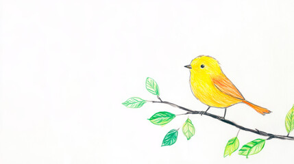 Fototapeta premium A colored child's drawing with colored pencils of a cute little bird on a tree branch