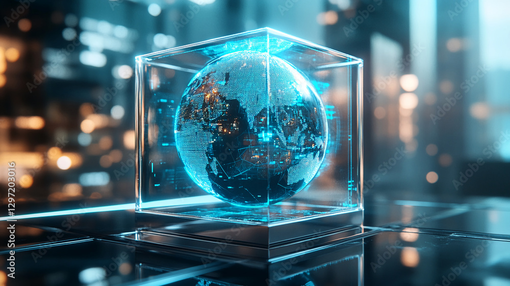 Poster close-up of a digital 3d hologram of earth inside a transparent cube, illuminated with blue neon lig