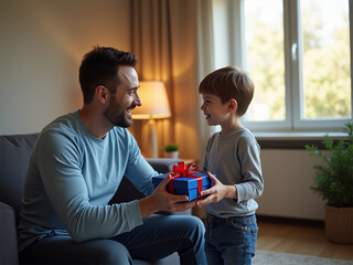 Emotiva celebración del Día del Padre: niño dando un regalo a su papá