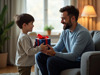 Momento especial de un hijo entregando un presente a su padre en el Día del Padre. felicidad en familia