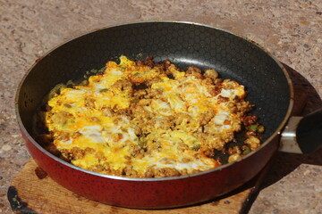 Fried eggs and meat in a pan