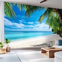 Golden beach with coconut palms and deep blue ocean decor view