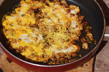 Fried eggs and meat in a pan