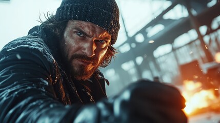A rugged man with fierce determination stares intensely at the viewer in a cold, chaotic scene filled with flames, representing strength and resilience in adversity.