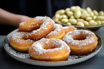 Świeżo usmażone pączki i faworki posypane cukrem oudrem na talerzu z bliska