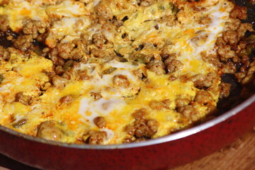 Fried eggs and meat in a pan