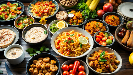 a large and colorful arrangement of various dishes. It includes pasta, vegetables, salads, and appetizers, creating a tempting and appetizing spread