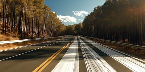Highway winding through dense forest under clear blue sky at midday