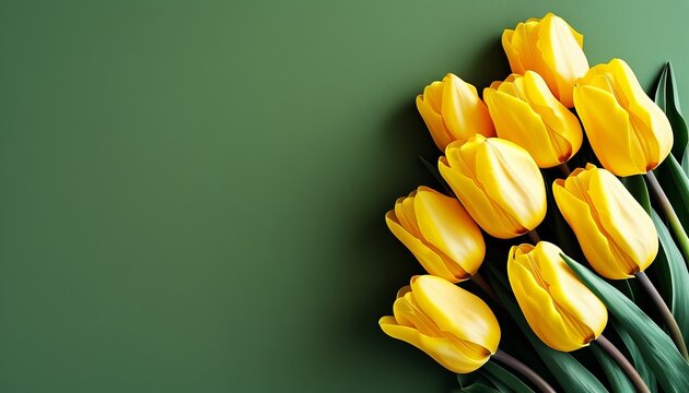 Ein Strau&szlig; leuchtend gelber Tulpen auf einem satten gr&uuml;nen Hintergrund mit viel Platz f&uuml;r Text &ndash; ideal als Gru&szlig;karte zum Frauentag oder Muttertag. Generative KI