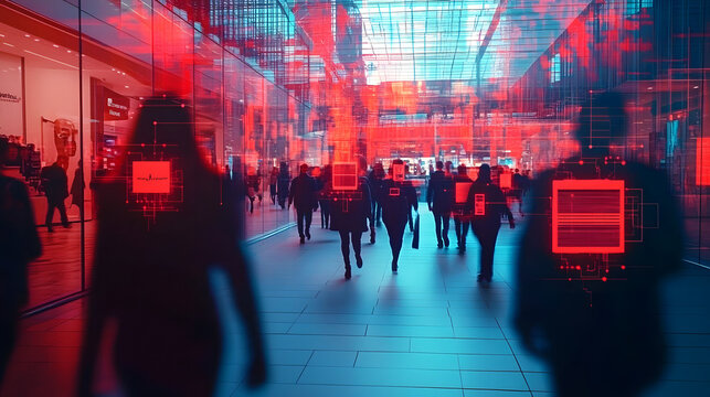 Futuristic cyber security system is tracking people walking in a shopping mall with facial recognition and big data analysis, highlighting potential threats and security breaches