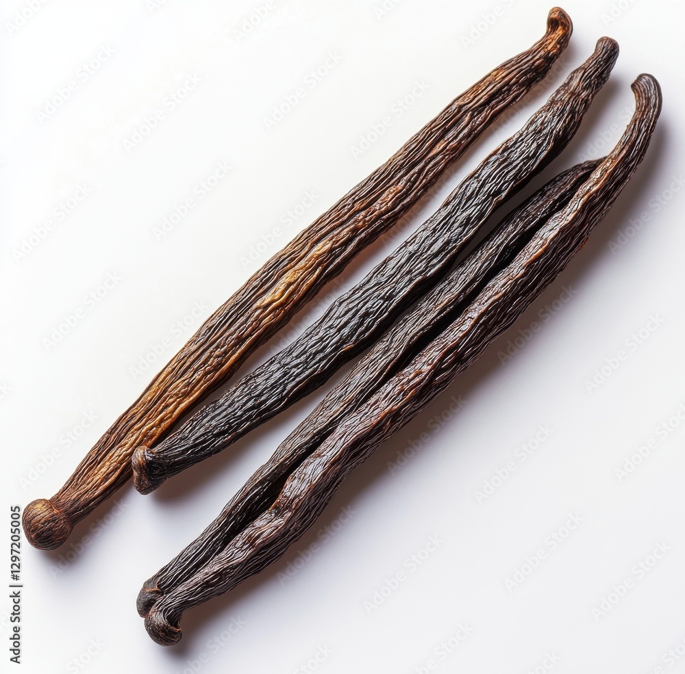 Poster three varieties of vanilla pods on white background with detailed texture and color variations for c