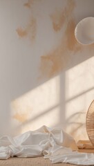 White fabric drapes on floor. Woven lamp and dish are near wall. Shadow falls across beige textured surface in natural light.