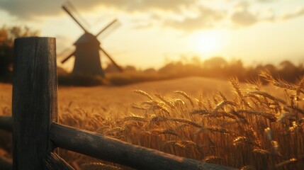 Scenic Sunrise Over Wheat Fields with Windmill in Countryside
