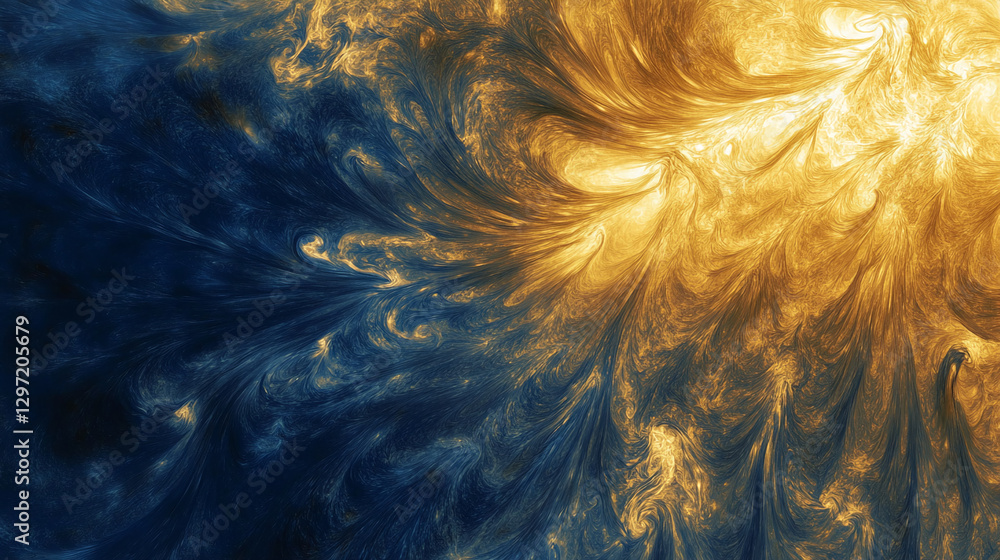 Poster a swirling blend of golden and blue abstract energy, representing dynamic motion and cosmic force, w