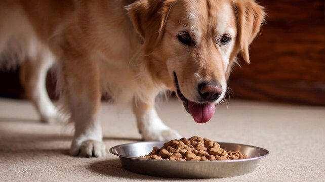 A golden retriever staring at a plate of dog food