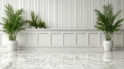 White interior with plants, marble floor, classic design