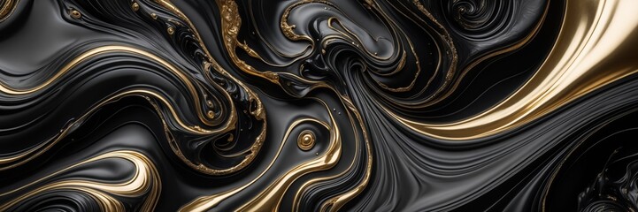 Abstract black gold fluid art. Swirls texture paint pattern background. Shiny surface with golden accents backdrop ultrawide banner