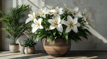 White lilies in a terracotta pot, sunlight on plants, indoor setting