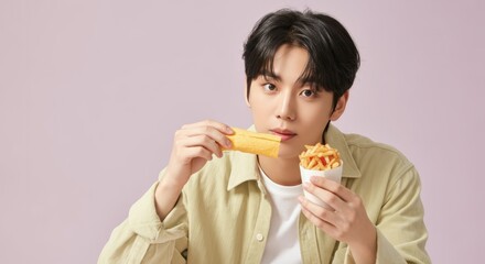 Young asian male enjoying fries and snack wrap in casual setting