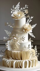 White tiered cake. Cream color paper flowers decorate cake. Cake stands on table indoors. Elegant wedding cake detail. Decorative paper art cake.