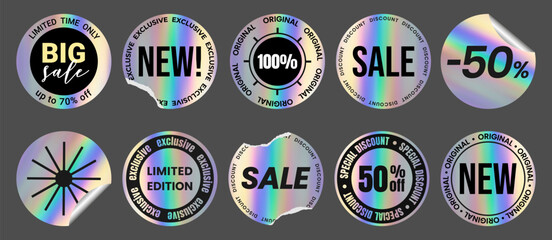Set realistic trendy color neon torn crumpled sticker, label, tag with holographic effect. Isolated Shiny rainbow emblem, hologram New, 50% off, Best offer, deal, Sale, buy now, Discount Vector EPS10